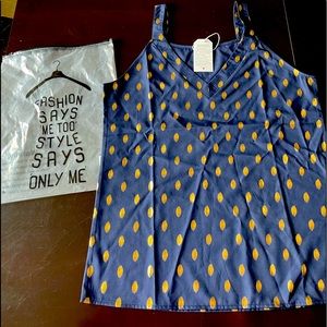 Navy Blue light weight dressy tank with gold dot accents.
